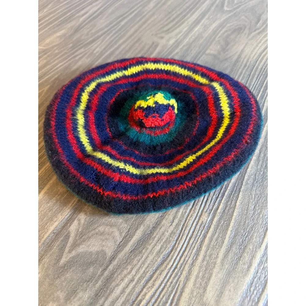 Vintage Striped Knit Beret Hat Unisex OS Multicolor Excellent Pom Pom Top